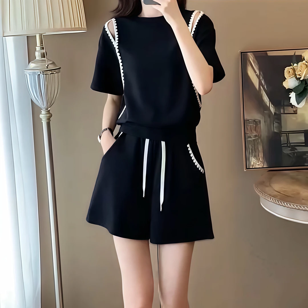 K胖MM大码宽松简约短袖T恤短裤两件套夏季时尚百搭休闲显瘦套装女