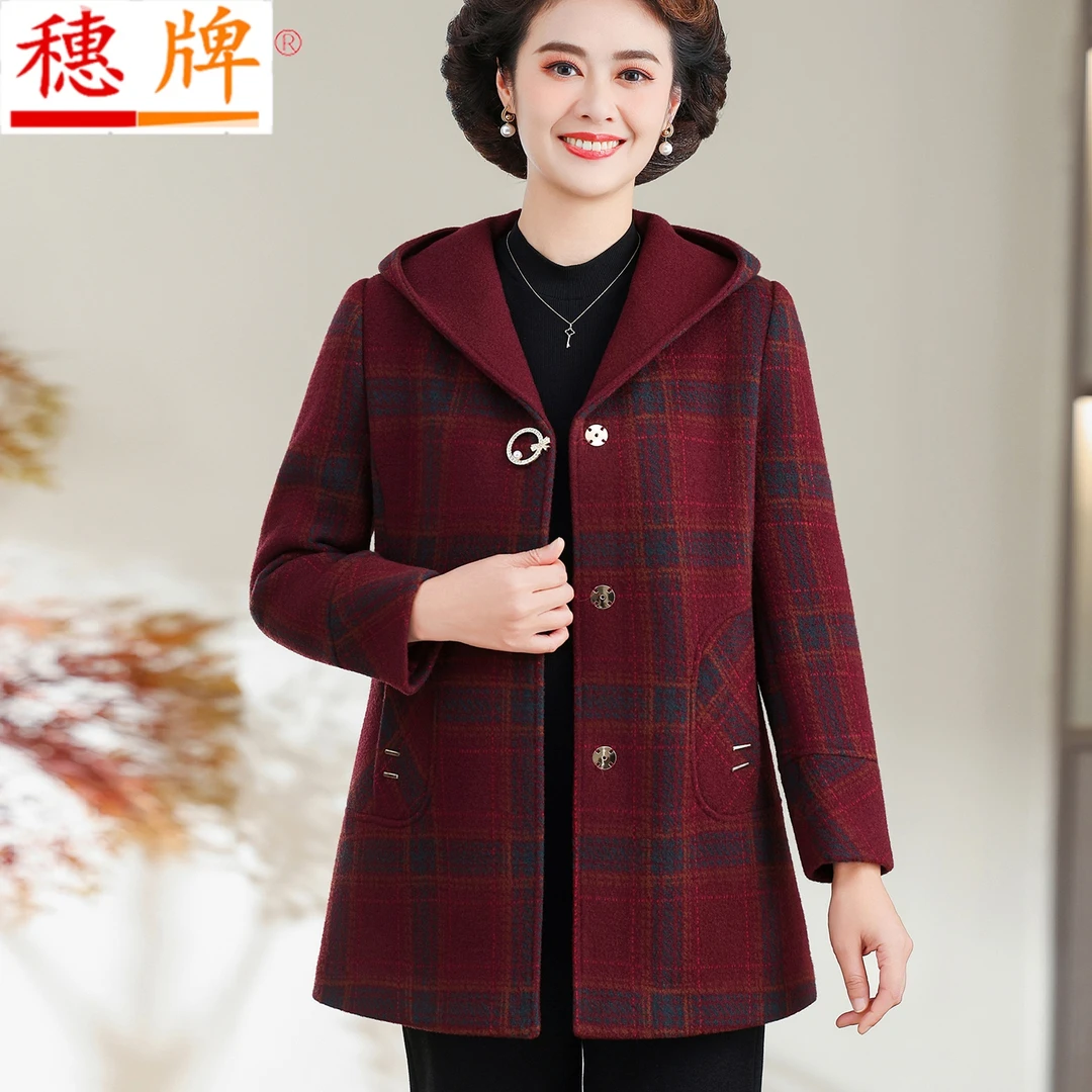 新款中老年人女连帽羊毛呢大衣妈妈秋冬装格子呢子加厚中长款外套