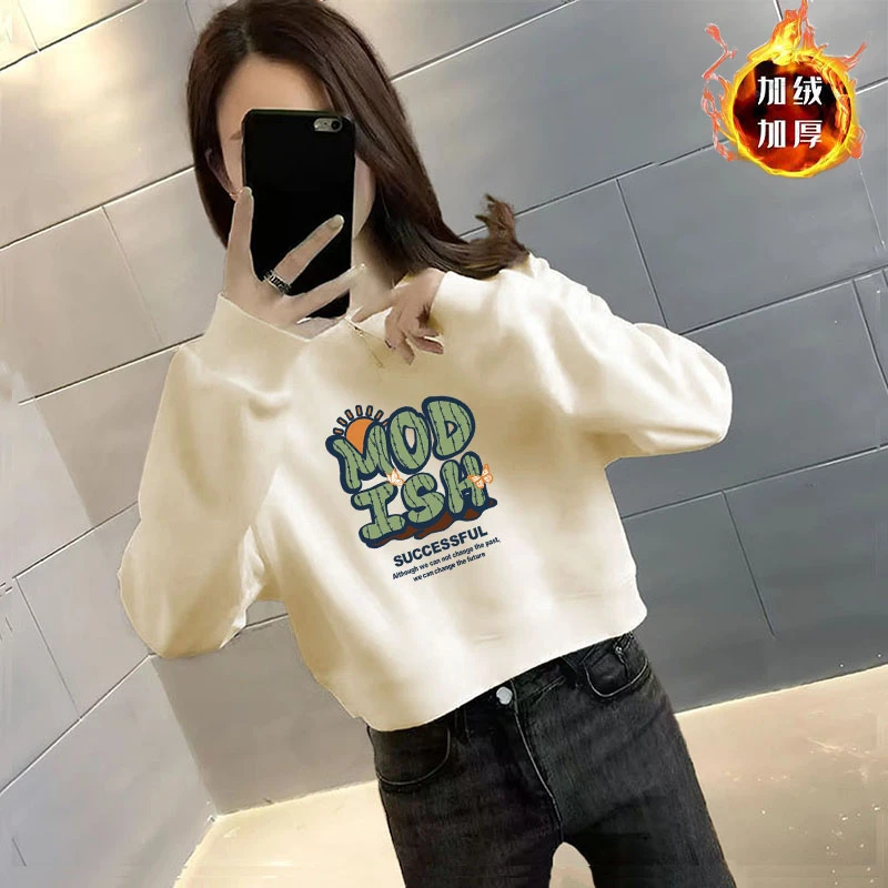 加绒/不加绒短款大码外套女2025春秋冬新款华棉百搭印花套头卫衣