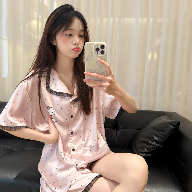 波点hellokitty猫睡衣女夏季新款花边短袖日系学生居家服套装外穿