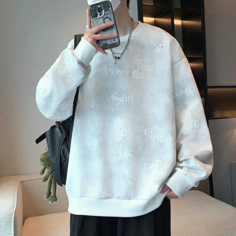 青少年学生休闲运动圆领卫衣套装男春季春装时尚印花宽松百搭卫衣