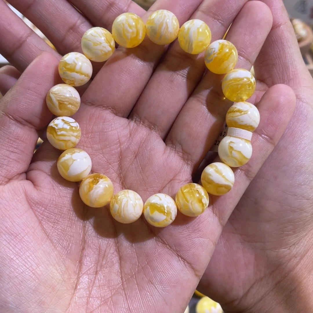 琥珀未镶嵌颈饰12mm 俄料瓷白花虎皮纹精工圆珠单圈LZ362