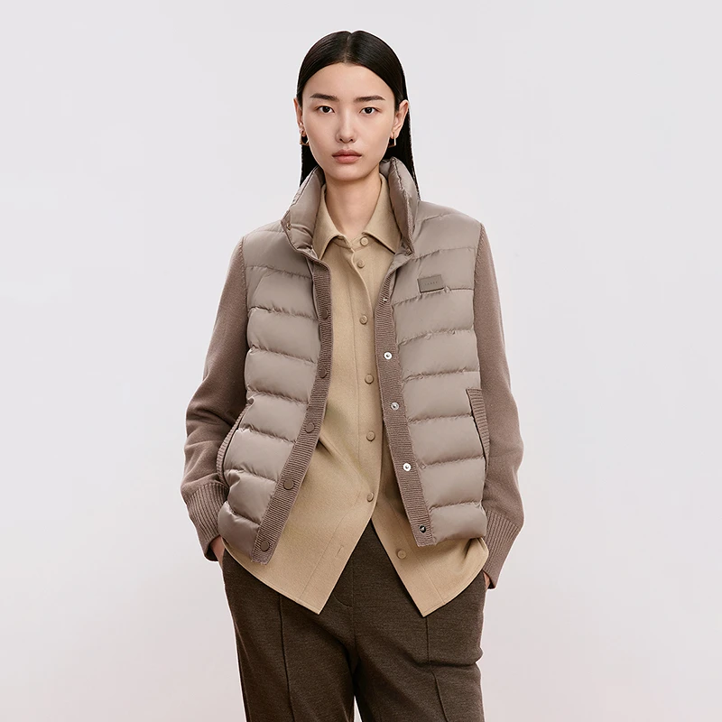 LANCY/朗姿2024冬新款拼接立领短款夹克羽绒服女