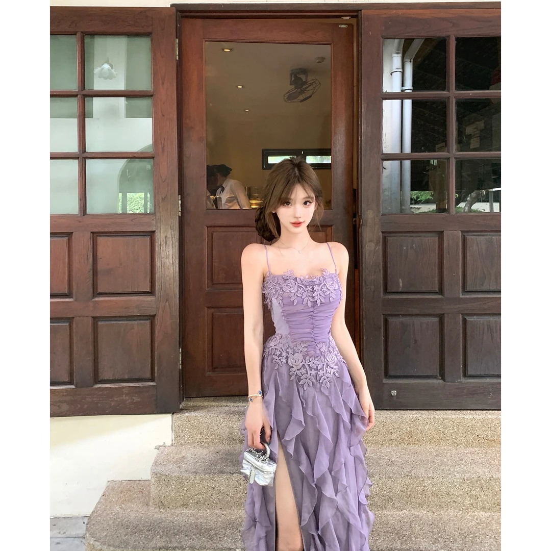 【爱神仙子】 花朵连衣裙女设计感吊带裙春夏收腰波浪密边性感裙子