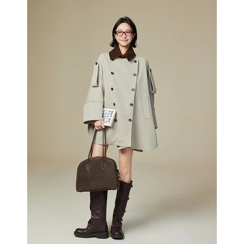 美洋MEIYANG 巴黎魔法斗篷风衣 丽赛纤维_巴恩风撞色双排扣外套Ep