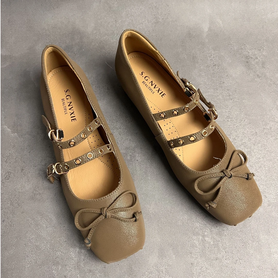 1cm粗跟豆豆鞋玛丽珍鞋单鞋两用可交叉皮带扣蝴蝶结百搭真皮女鞋