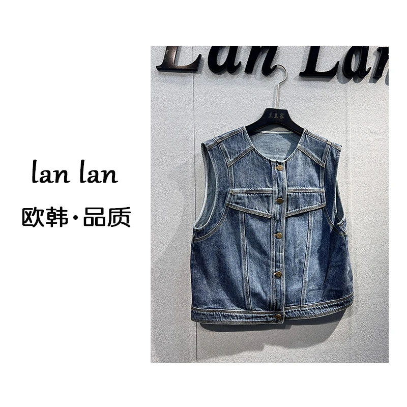 琪琪-春夏上新【无领牛仔马甲】韩版小众复古牛仔马甲百搭春夏款