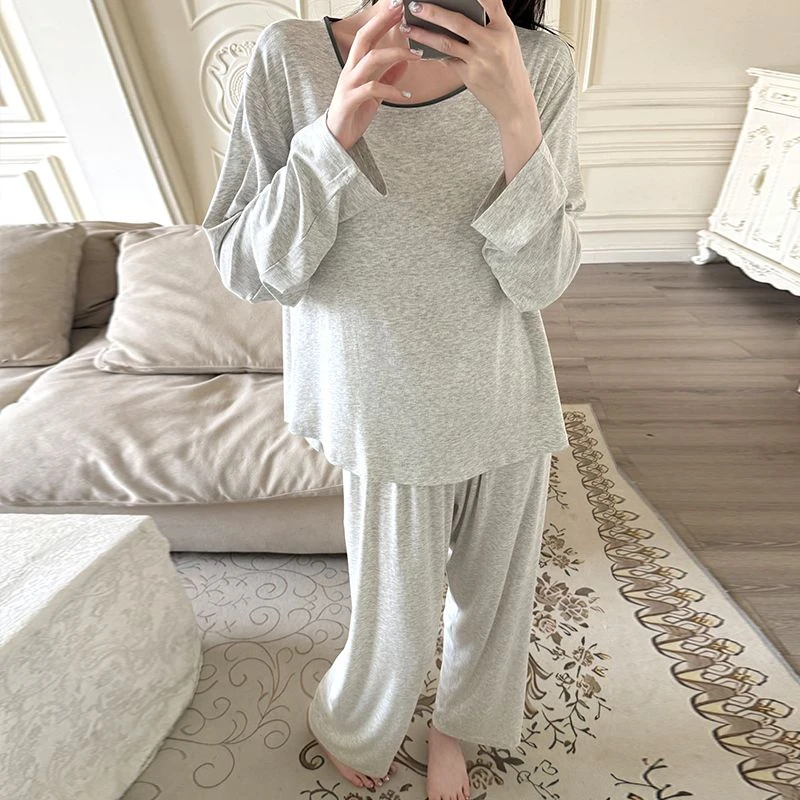 休闲简约风莫代尔纯色亲肤睡衣女春秋季新款长袖长裤家居服两件套