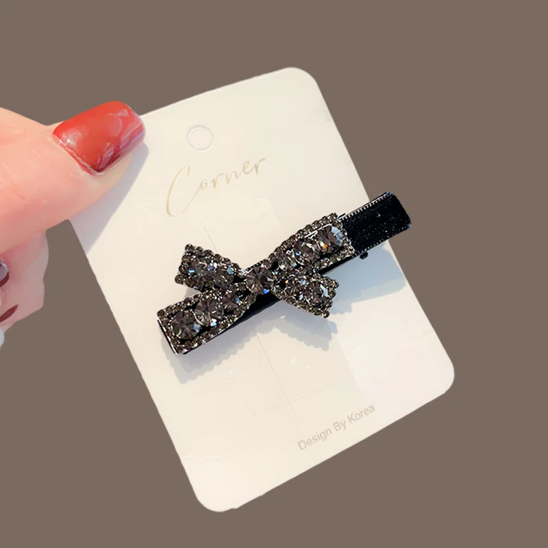 黑色丝绒发夹满钻静奢风蝴蝶结边夹网红闪亮镶钻刘海侧边夹鸭嘴夹