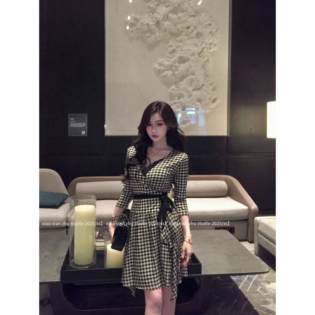 XXZHU【赫拉小姐】经典棋盘格弹力七分袖一片式系带连衣裙ZZ-804