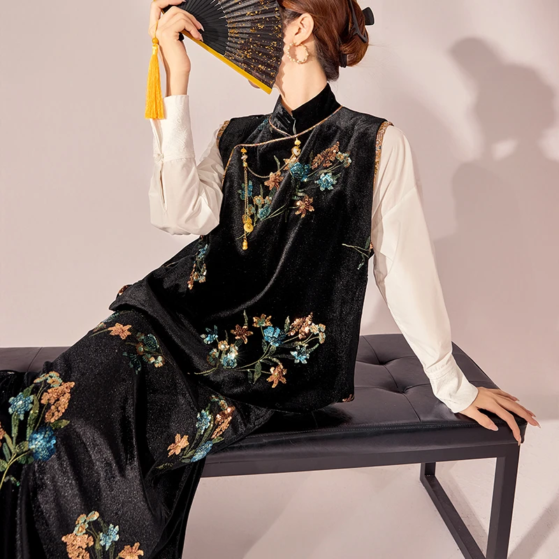 老钱风复古国风重工亮片设计感小个子繁花丝绒显瘦鱼尾裙女 N1005