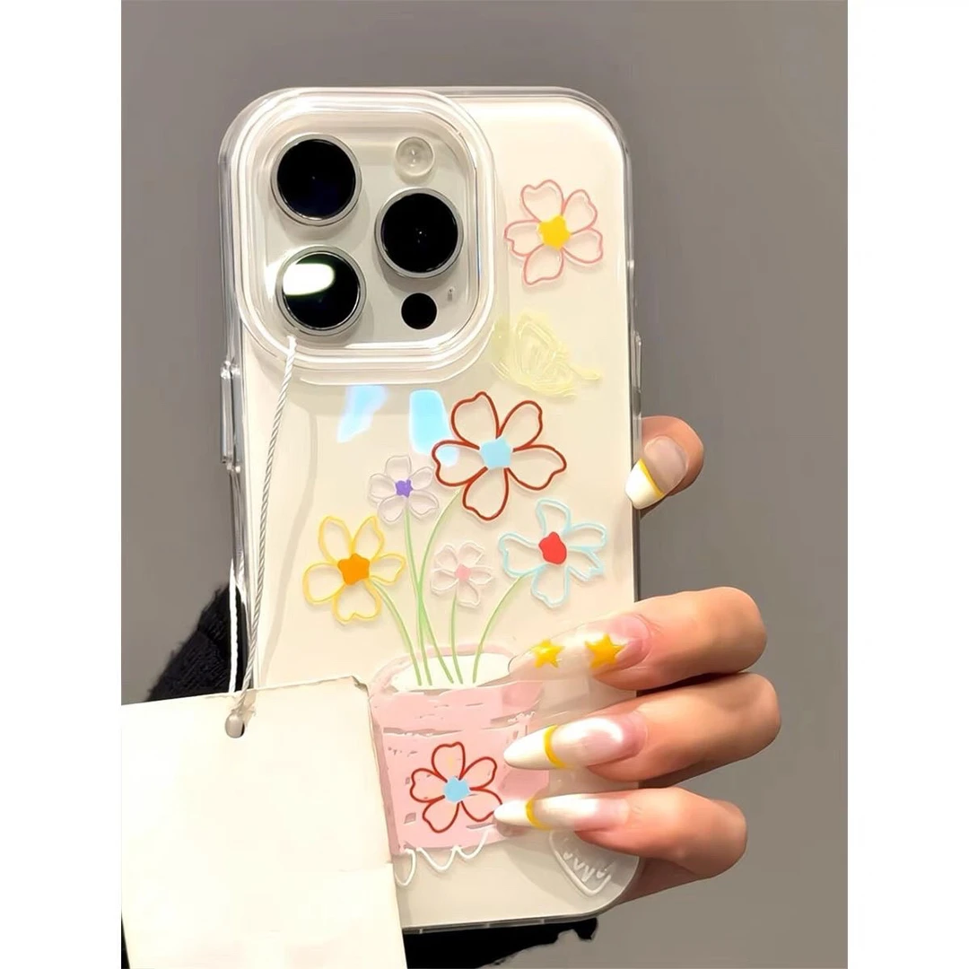 ins创意线条花朵盆栽适用苹果16手机壳iPhone15/14promax女13/12