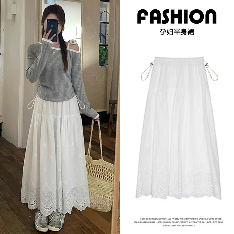 孕妇温柔风花朵刺绣白色半身裙遮胯显瘦中长款孕期刺绣百搭a字裙