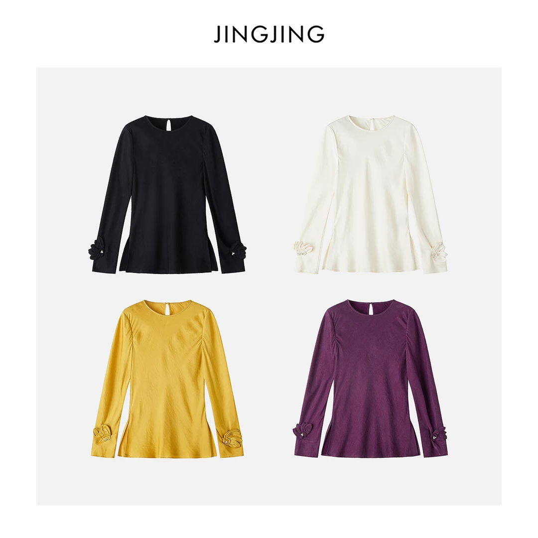 JINGJING2025新款“玉珠莲”袖口立体花设计侧边开叉柔软打底上衣