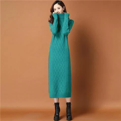 TSKM长款毛衣裙过膝2025秋冬季新款高领大码女装配大衣针织连衣裙