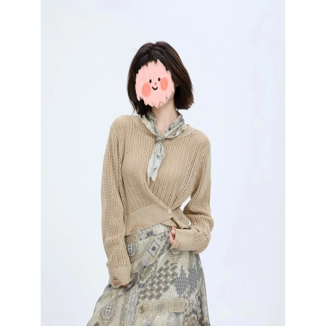 韩系复古破洞镂空长袖毛针织衫女秋季宽松慵懒高级感内搭打底上衣