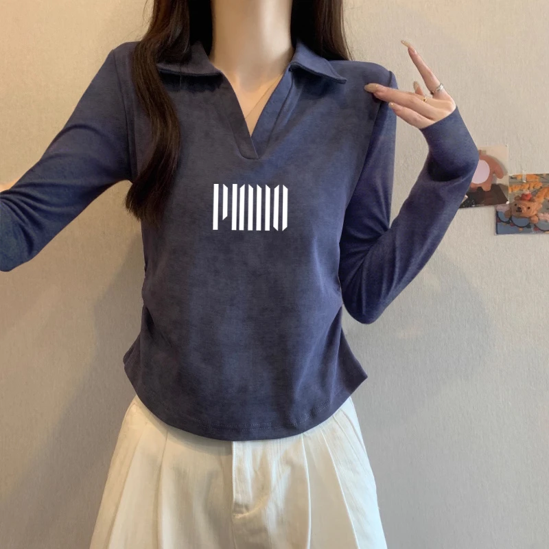 美式扎染POLO领长袖t恤女2025新款春秋季修身显瘦正肩打底衫上衣