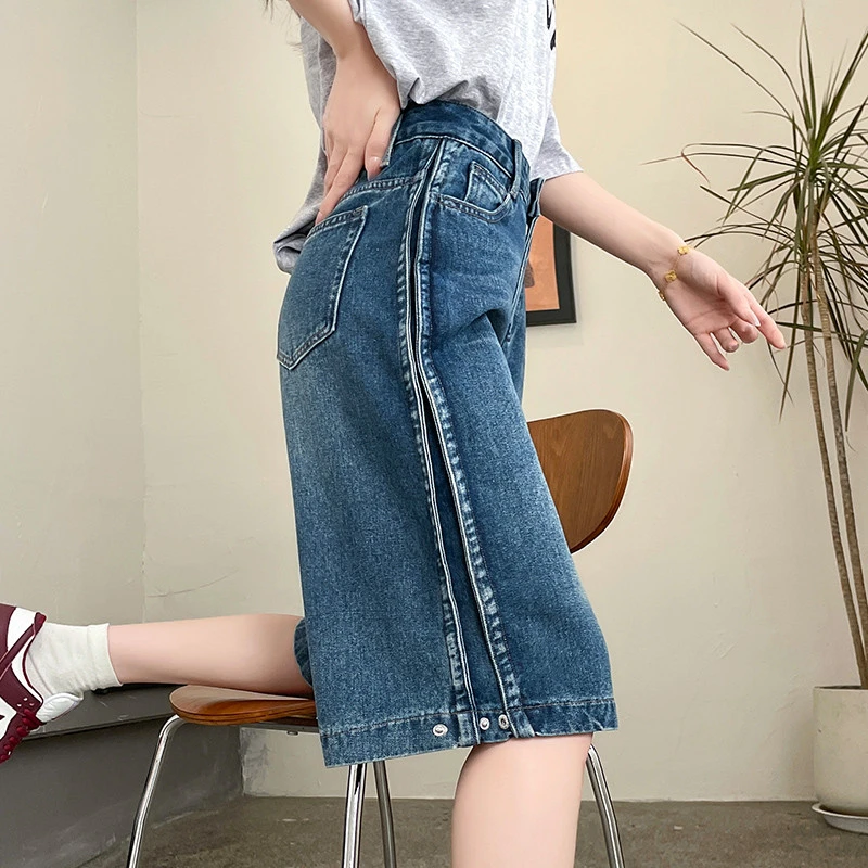 复古阔腿六分牛仔裤女2025夏薄款宽松遮肉侧边暗扣设计感直筒中裤