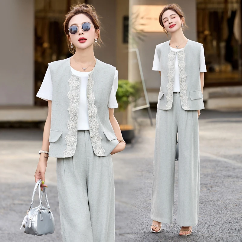 蕾丝三件套短袖显瘦气质洋气时尚休闲夏季马甲薄款减龄宽松阔腿裤