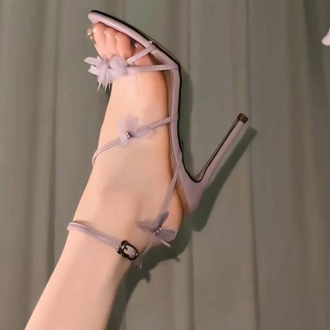 【FBZN官方正品】显白紫色蝴蝶花朵高跟鞋女细跟仙女风2025新款夏