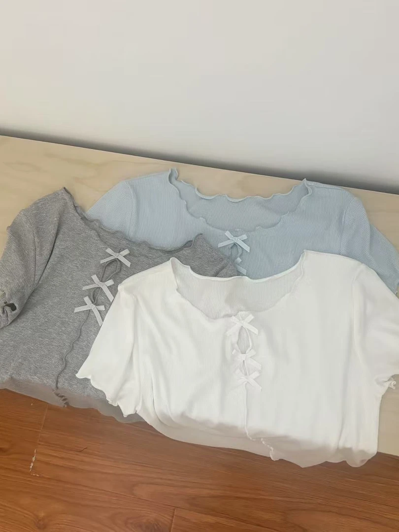 NO退蝴蝶结木耳边弹力T恤