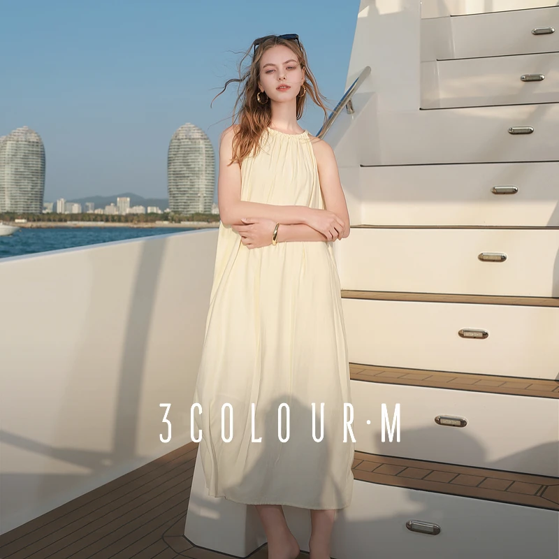 三彩2025夏季新款挂脖连衣裙无袖宽松A字裙氛围感长裙度假M
