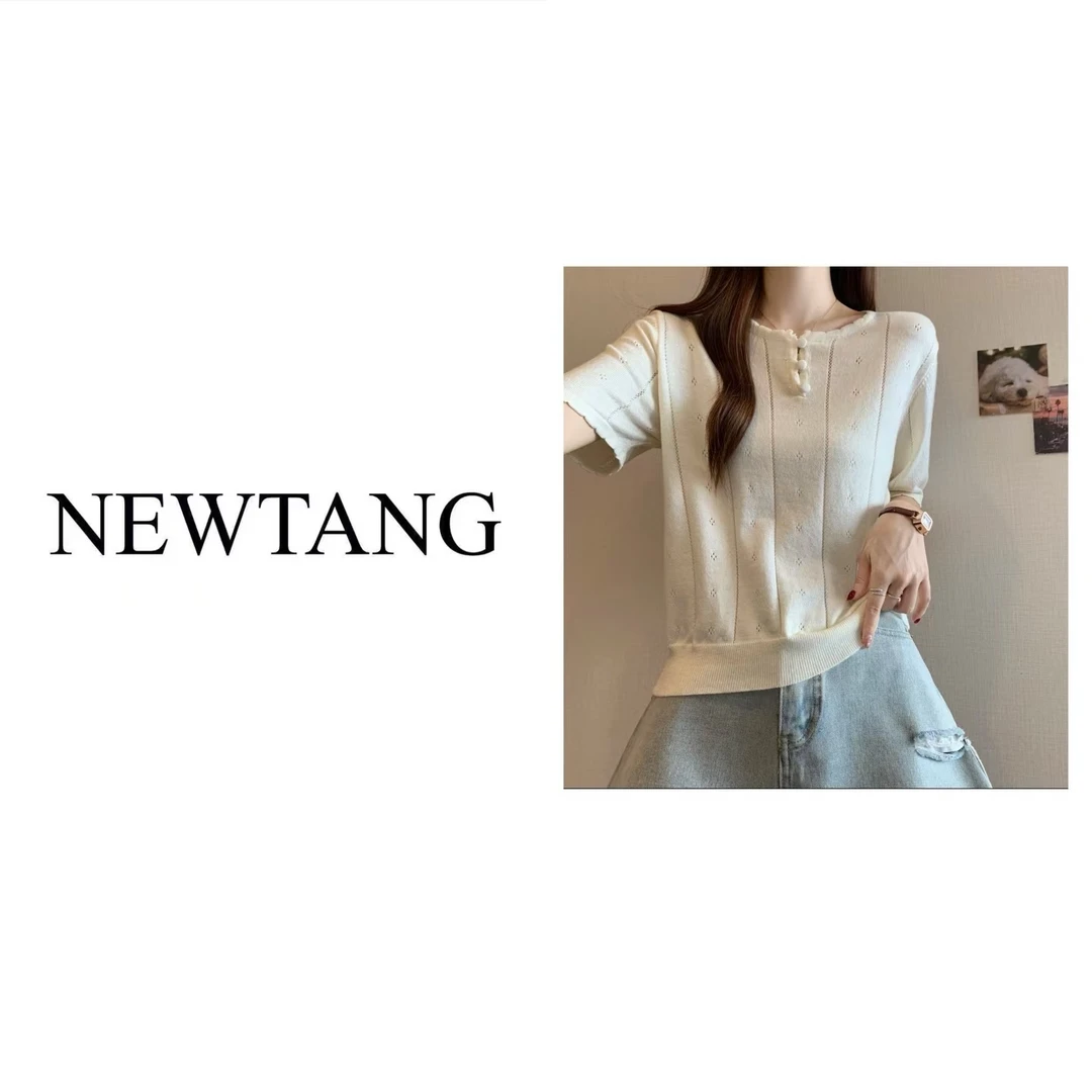 【三扣钩花】258欧洲站春季新款圆领钩花镂空短袖毛衣宽松针织女