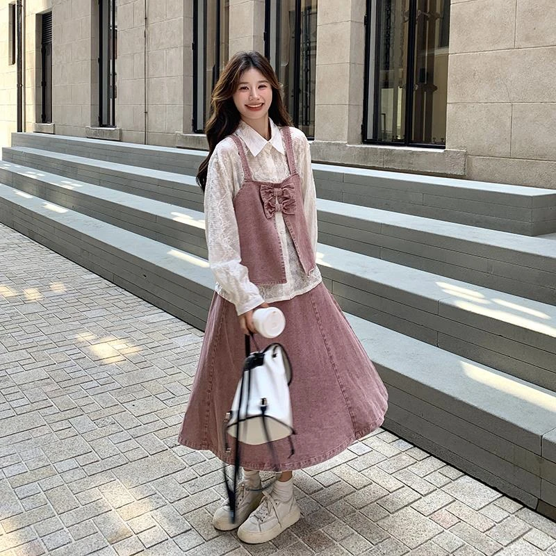 法式甜美蝴蝶结小衫蕾丝钩花衬衫牛仔半身裙女春秋新款慵懒风套装