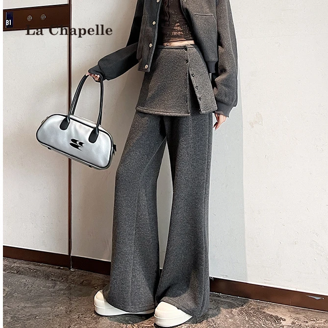 拉夏贝尔慵懒风加绒加厚屁帘微喇叭休闲裤女秋冬宽松显瘦阔腿长裤