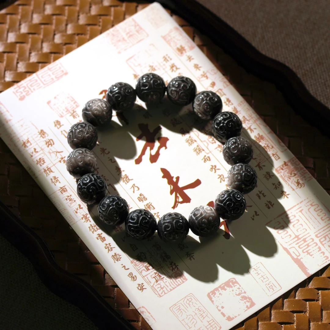 天然黑曜石银曜石单圈手串纯天然真品100%女款（多样性发一带证书）