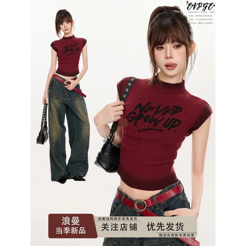 美式辣妹红色正肩半高领短袖t恤女夏季小飞袖针织修身设计感上衣