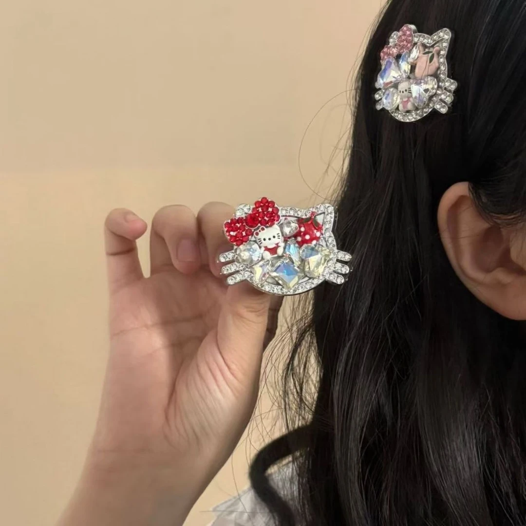 轻奢爆闪!可爱KT猫闪钻发夹少女气质侧边夹刘海夹边夹子发饰发卡