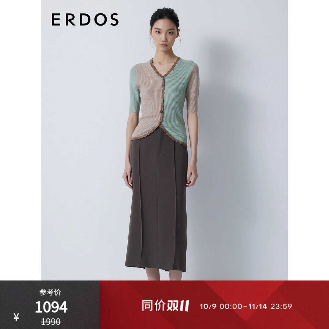 ERDOS 秋精纺V领修身短袖针织衫女撞色拼接波浪边弧形剪裁