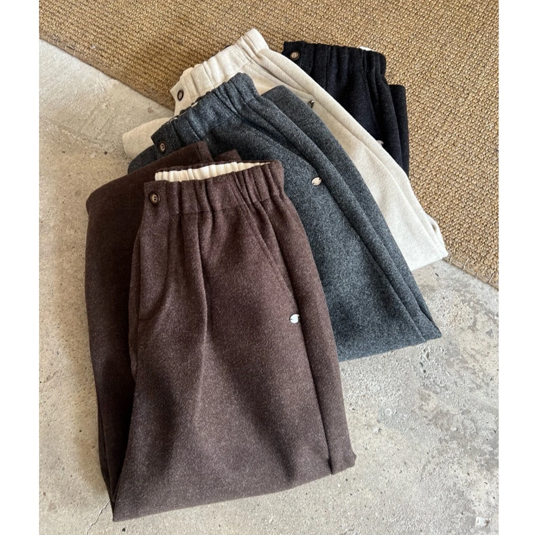 大码冬季款毛呢直筒阔腿裤女梨形身材高腰宽松显瘦百搭休闲九分裤