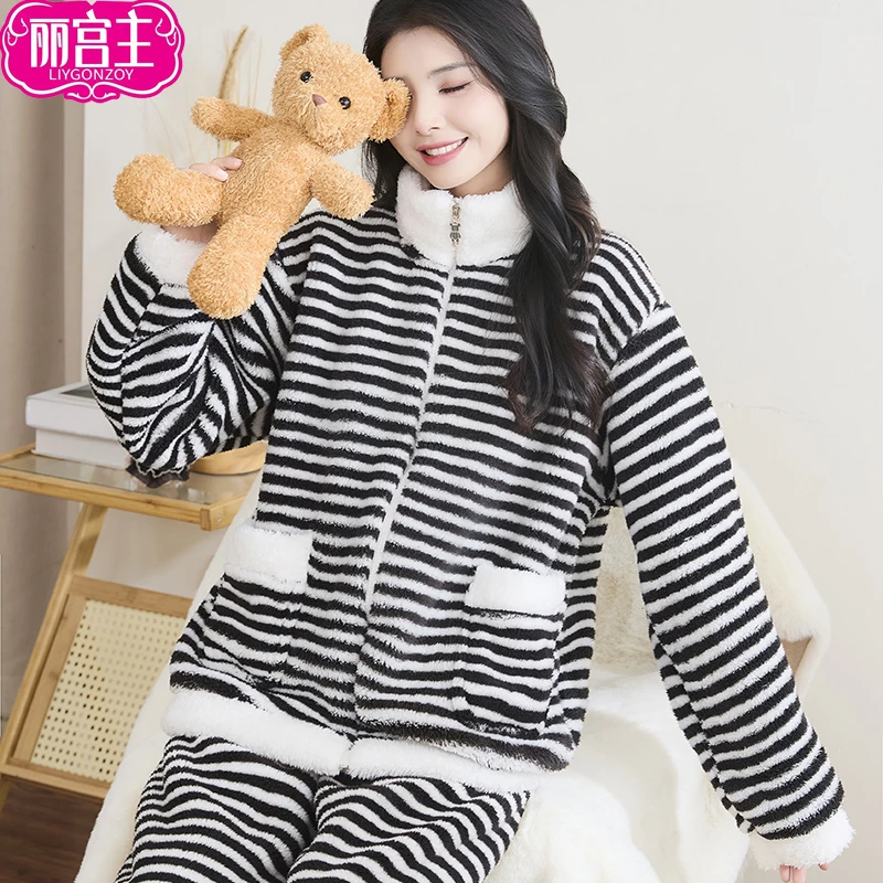2025新款立领长裤成人可外穿睡衣家居服套装卡通动漫保暖冬季条纹