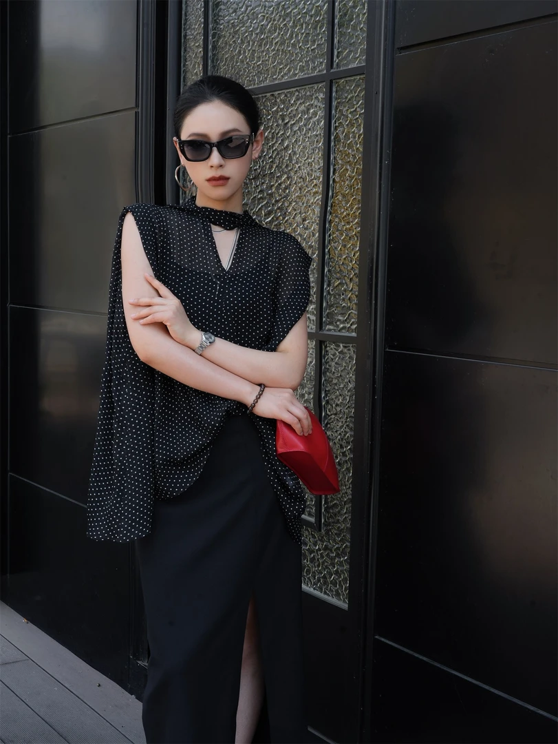 POPULARYW【薇拂】Z·R上品屋 法式复古波点显瘦宽松飘带衬衫