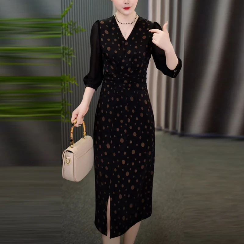 珍珠缎轻奢女装2025春夏季新款黑色显瘦七分袖中长款波点连衣裙子