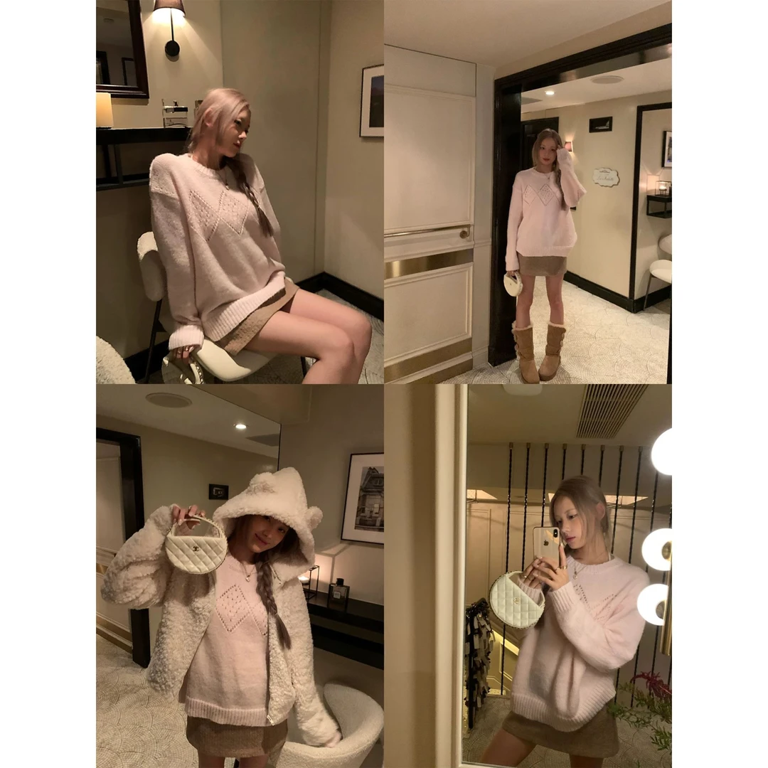 菱格镂空圆领套头毛衣Q 9642#