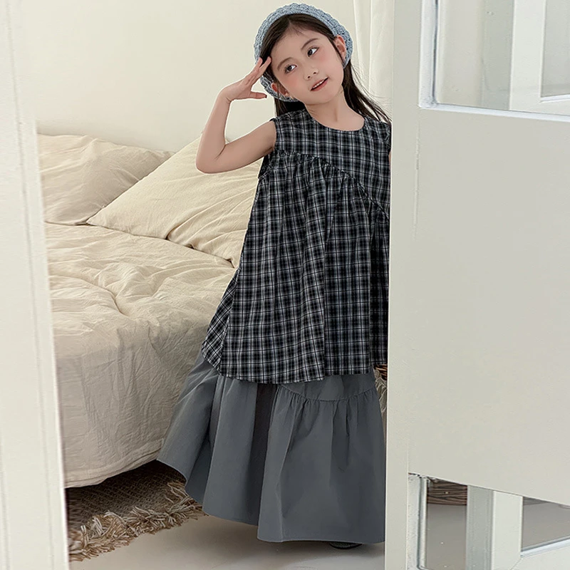 【安安家】女童韩版格子娃娃衫上衣两件套春夏简约半身裙套装R26157