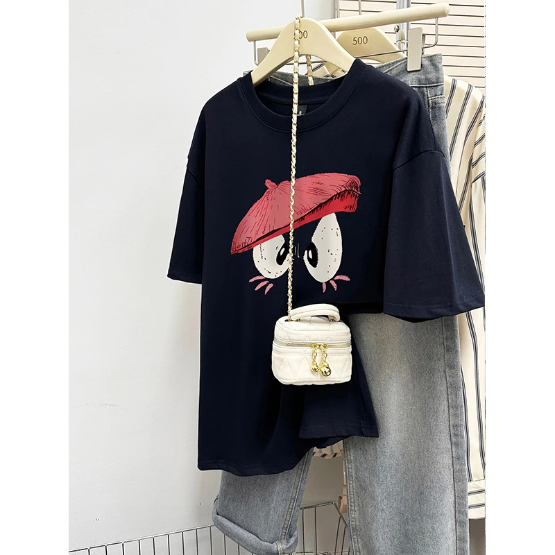 新款韩版洋气内搭设计感印花宽松大码纯棉短袖t恤女打底衫上衣
