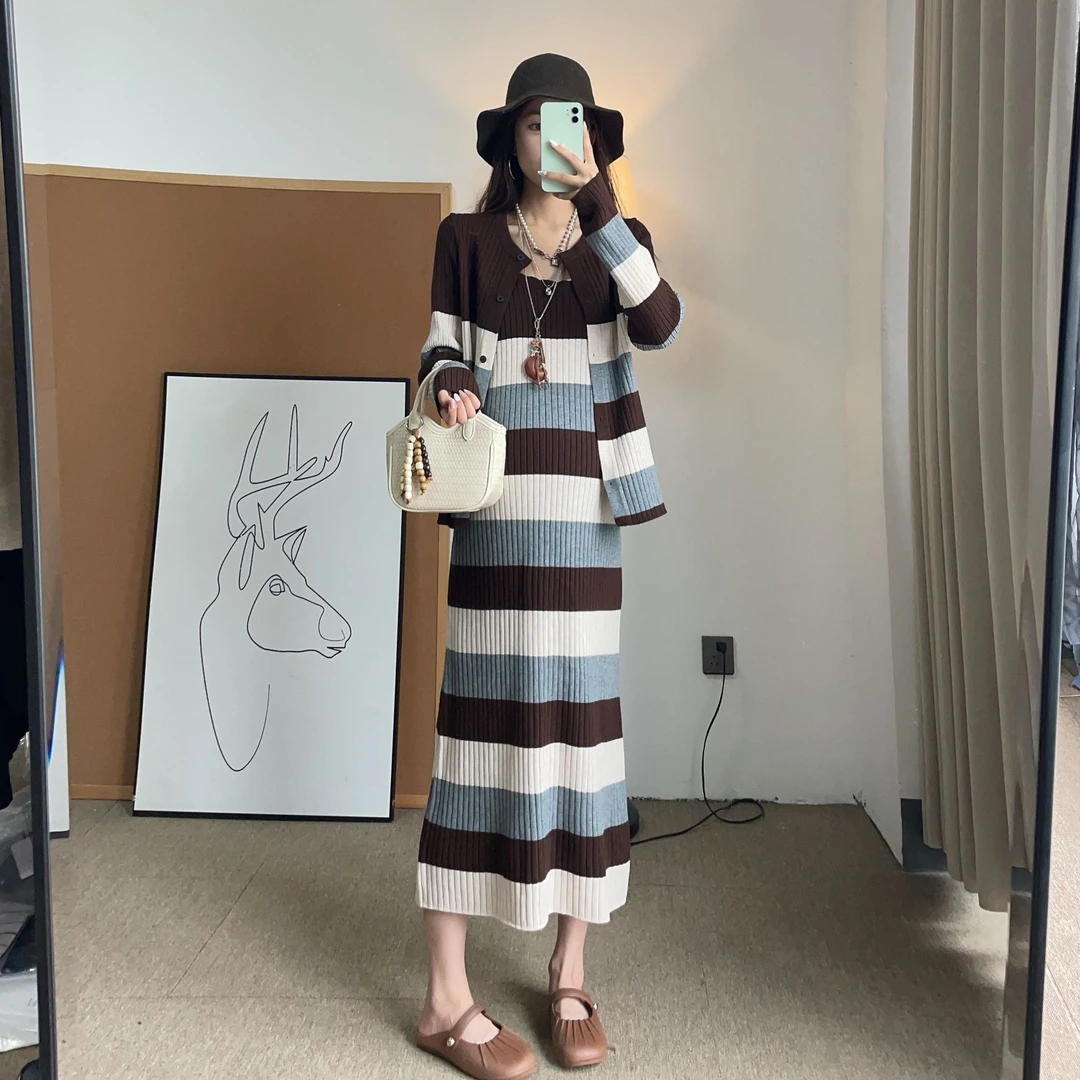 孕妇装时尚条纹韩版短袖中长款套装韩版2025秋季针织气质裙子潮