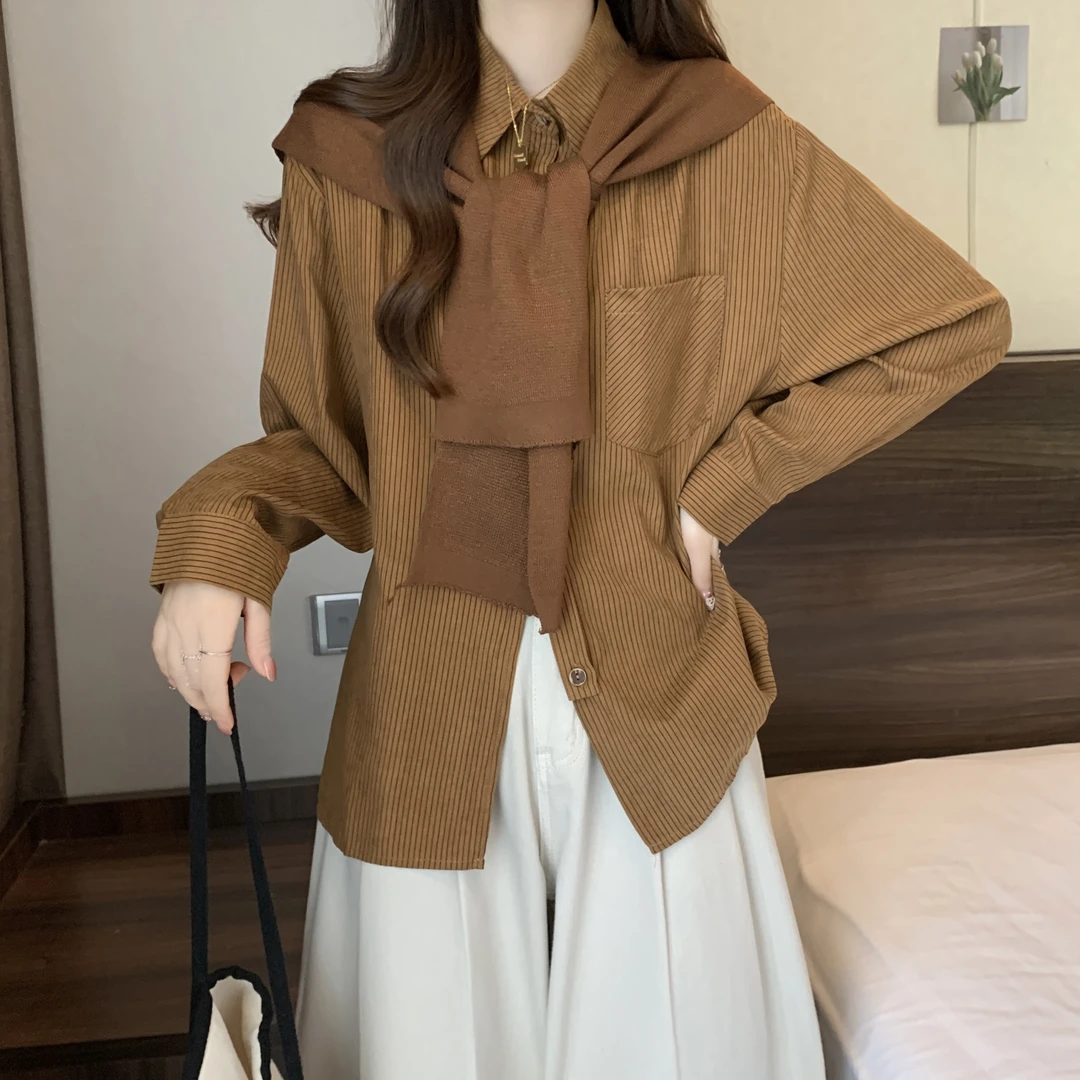 美拉德咖色显瘦正肩条纹衬衫女2025秋冬大尺码胖mm披肩两件式套装