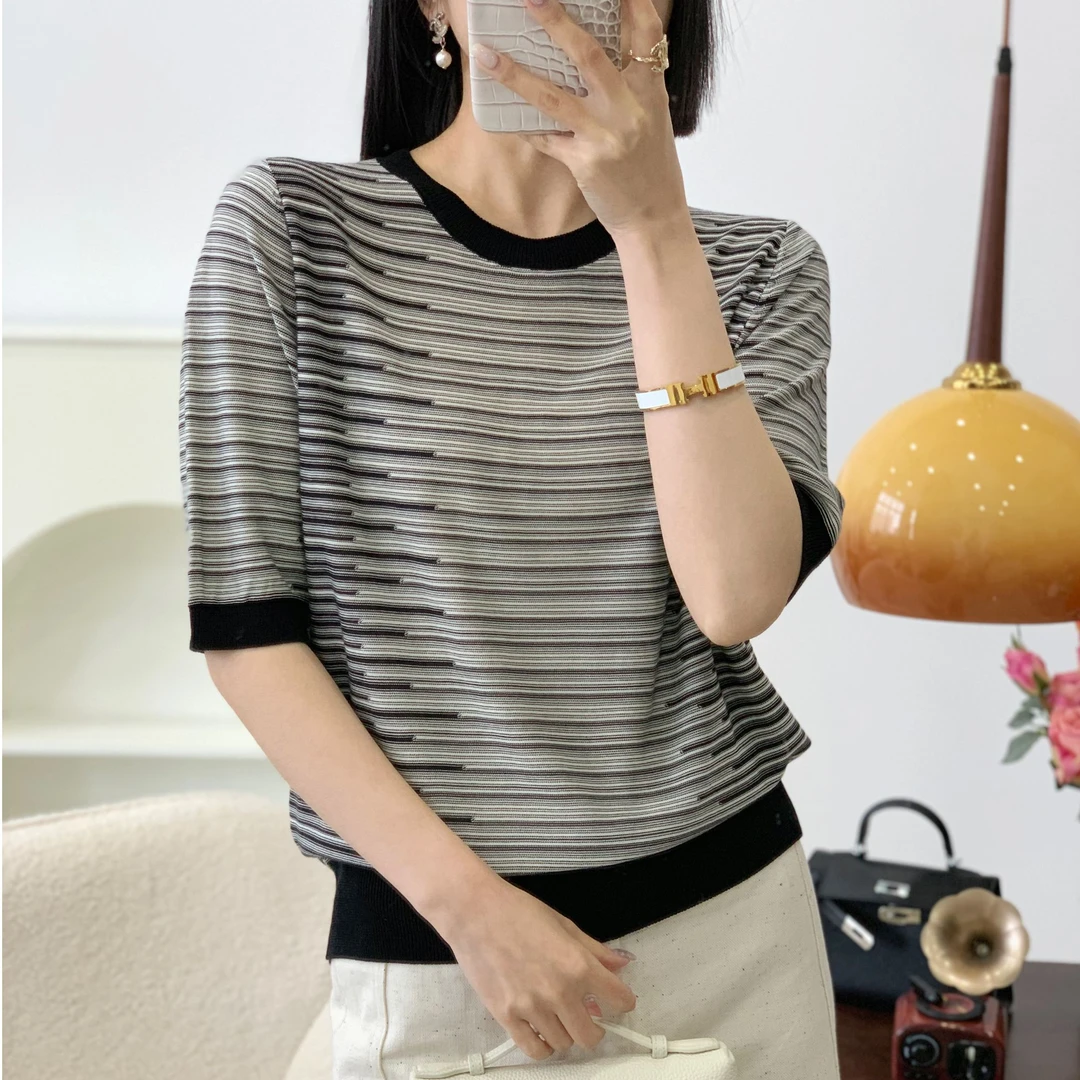 【例畔精选】气质时尚设计感不规则条纹百搭减龄显瘦针织衫S894#