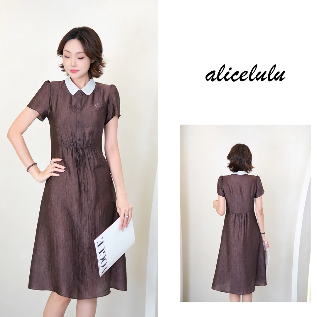 4alicelulu时尚气质翻领系带收腰短袖连衣裙S1035071U