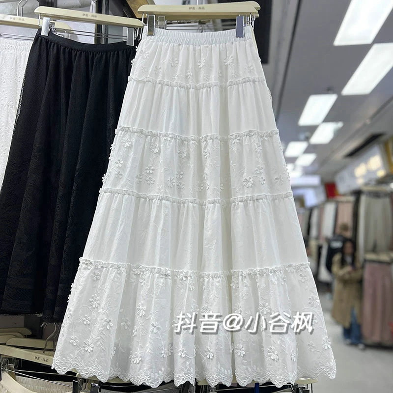 2025新款重工刺绣立体花朵蛋糕半身裙女大摆松紧腰显瘦法式长裙