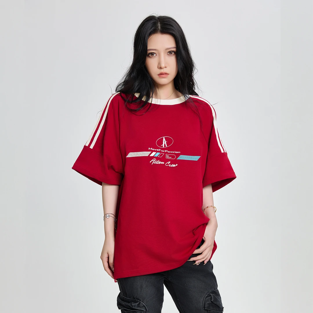 actioncrew美式个性字母印花拼接三条杠短袖T恤男女夏季纯棉上衣