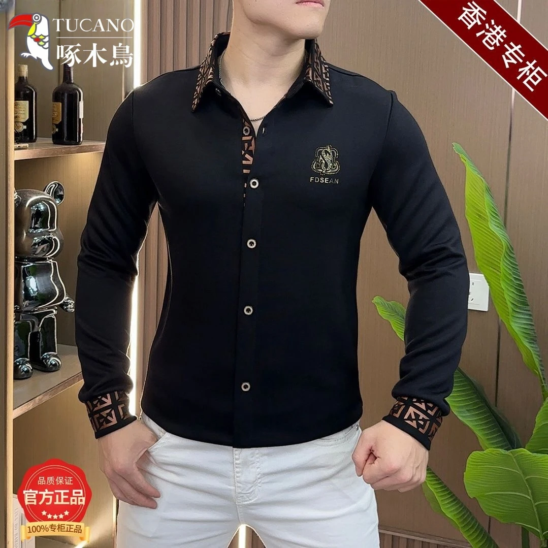 啄木鸟秋新款男士翻领卫衣长袖衬衫领修身时尚休闲轻奢商务高级感
