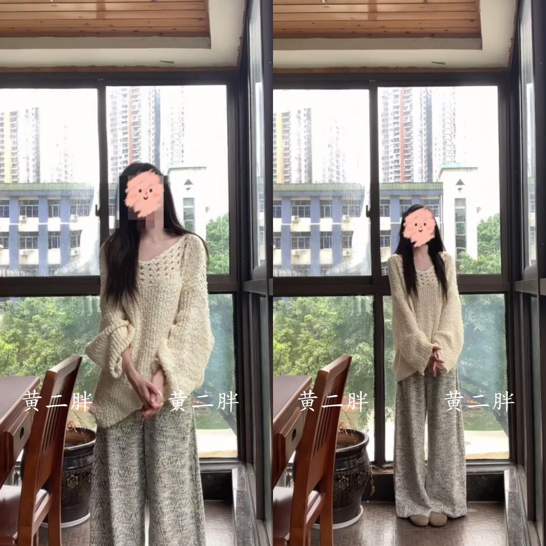 白色慵懒风宽松毛衣女韩系中长款镂空针织上衣+裤子两件套秋冬款