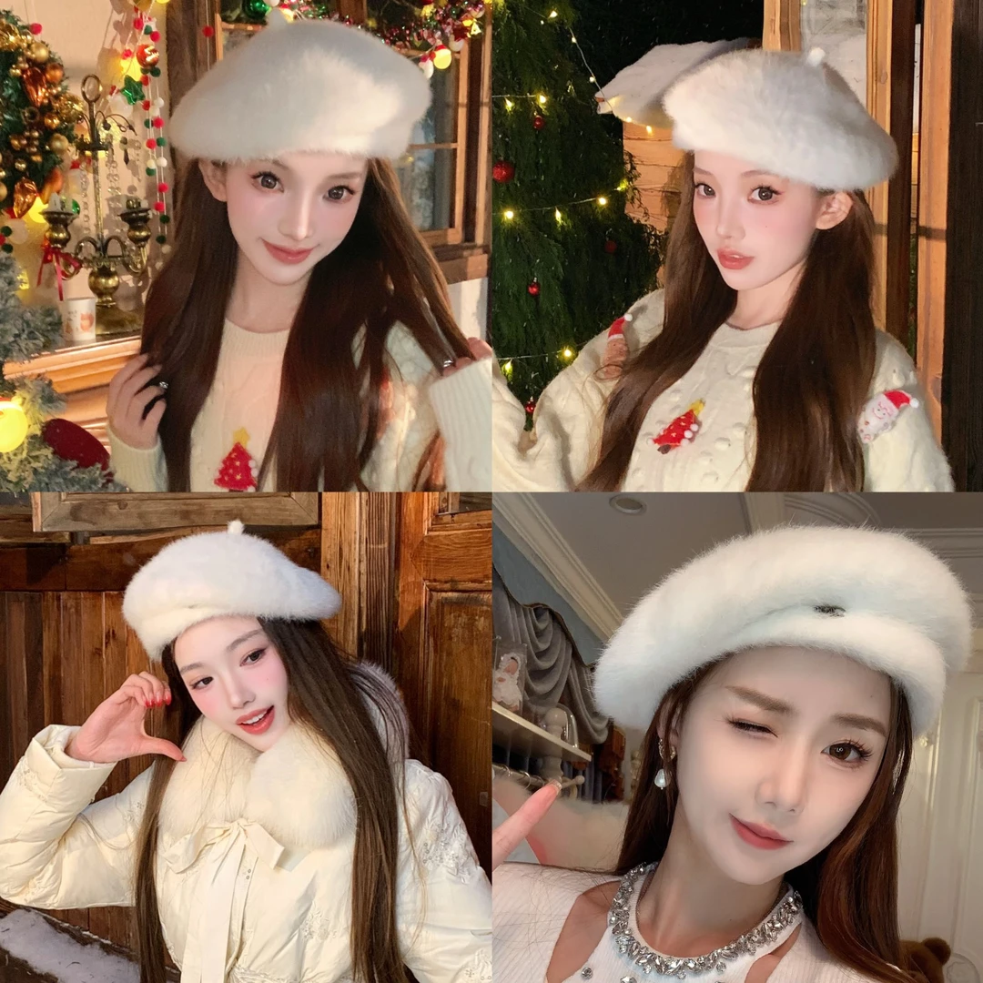 冰冰来了韩系百搭名媛帽子软糯毛绒贝雷帽26477