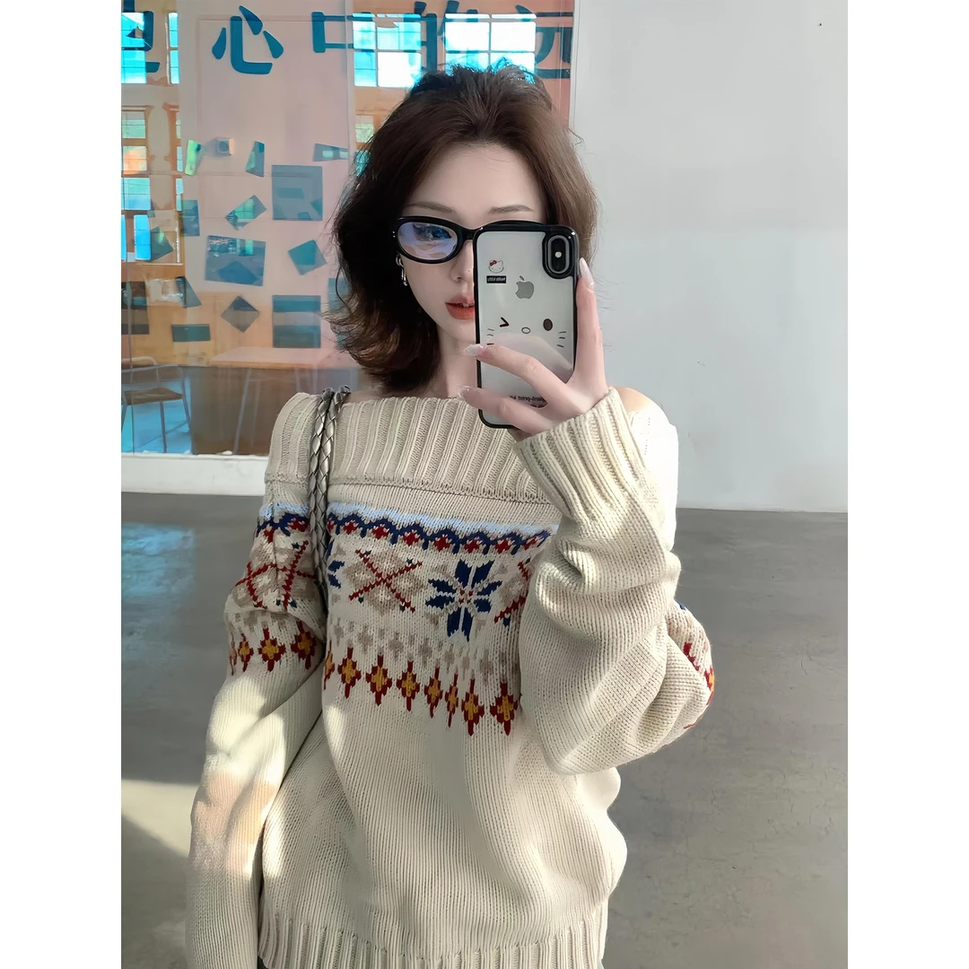 韩系复古费尔岛提花针织毛衣秋冬2025新款露肩设计宽松慵懒上衣